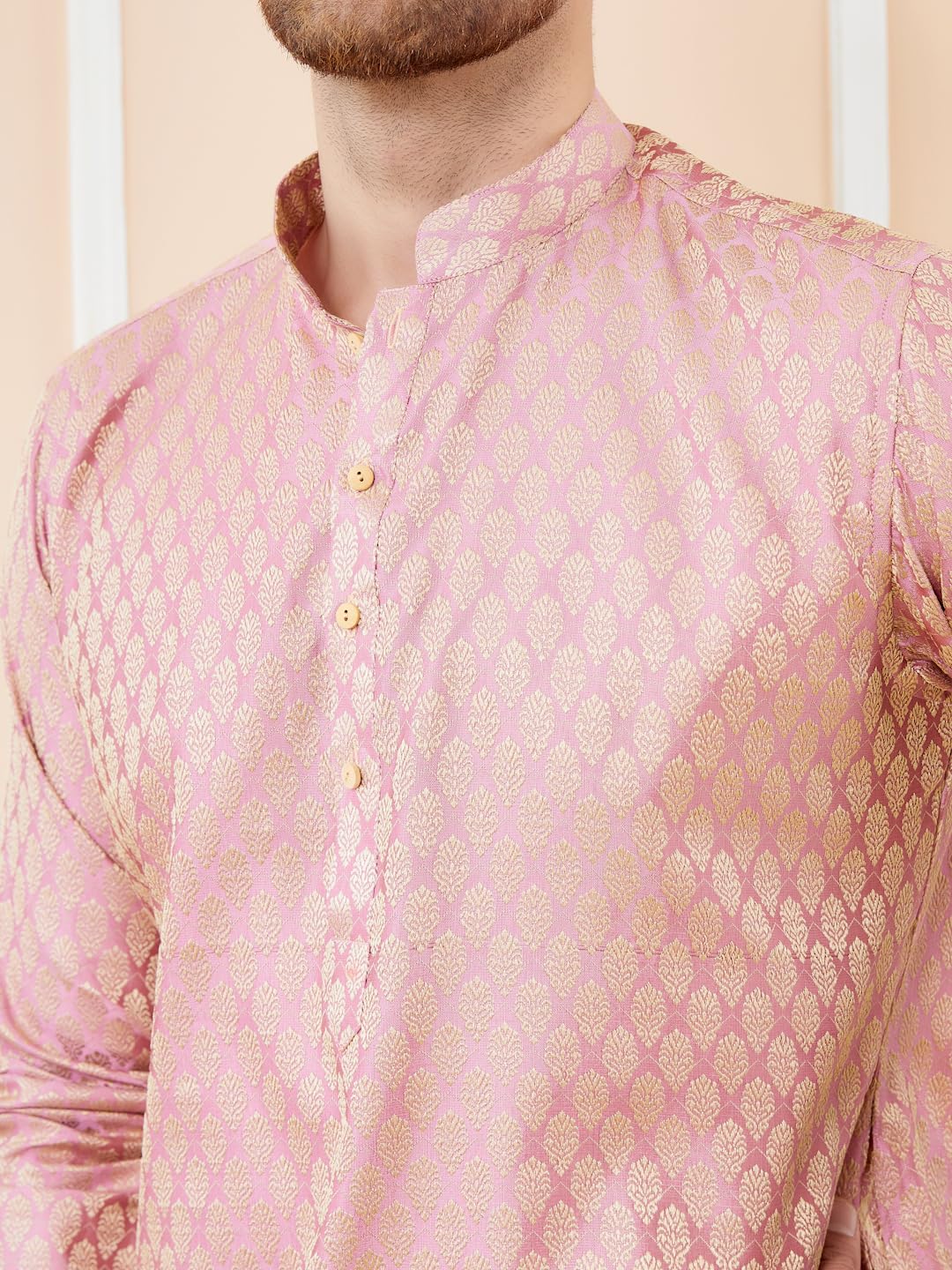 See Designs Men Full Sleeve Sleeve Side Slit Mandarin Collar Pink Ethnic Motifs Silk Jacquard Woven Design Straight Kurta With P