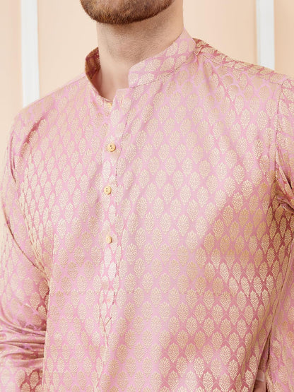 See Designs Men Full Sleeve Sleeve Side Slit Mandarin Collar Pink Ethnic Motifs Silk Jacquard Woven Design Straight Kurta With P
