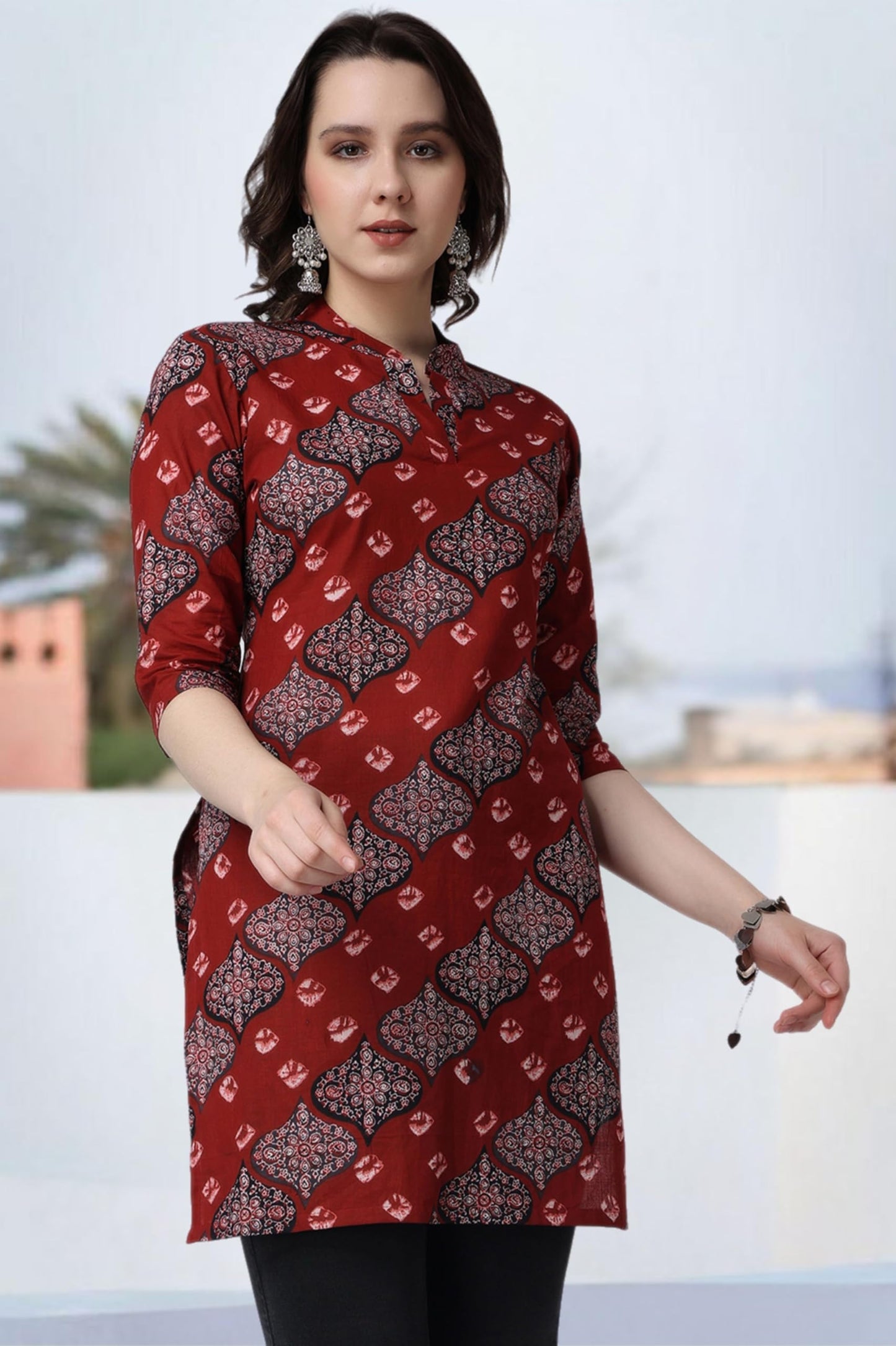 Popwings Women Casual Pure Cotton Maroon Bandhani Printed Kurti | Short Kurti For Women | 3/4Th Sleeve Kurti For Women Kurti For
