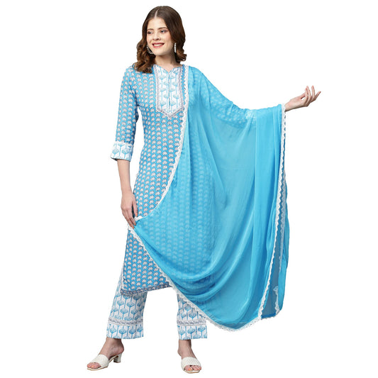 ANNI DESIGNER Women's Cotton Blend Straight Printed Kurta with Pant & Dupatta (Sky Bird New)
