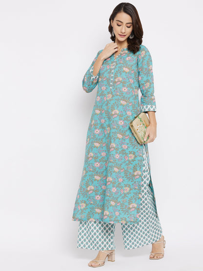 Tissu Women'S Cotton Sea Green & Pink Floral Printed Kurta With Palazzo (Tis-600_Green_8Xl)