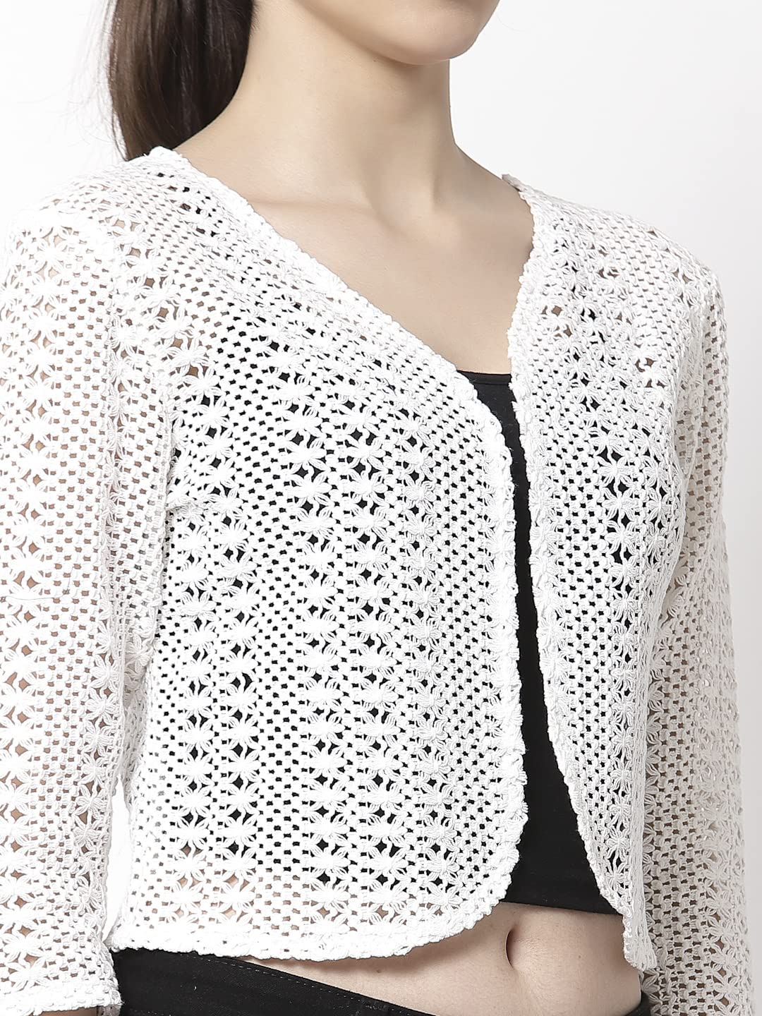 Style Quotient Women White Cotton self Design lace Crop Open Front Shrug