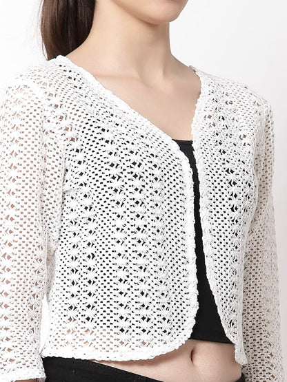 Style Quotient Women White Cotton self Design lace Crop Open Front Shrug