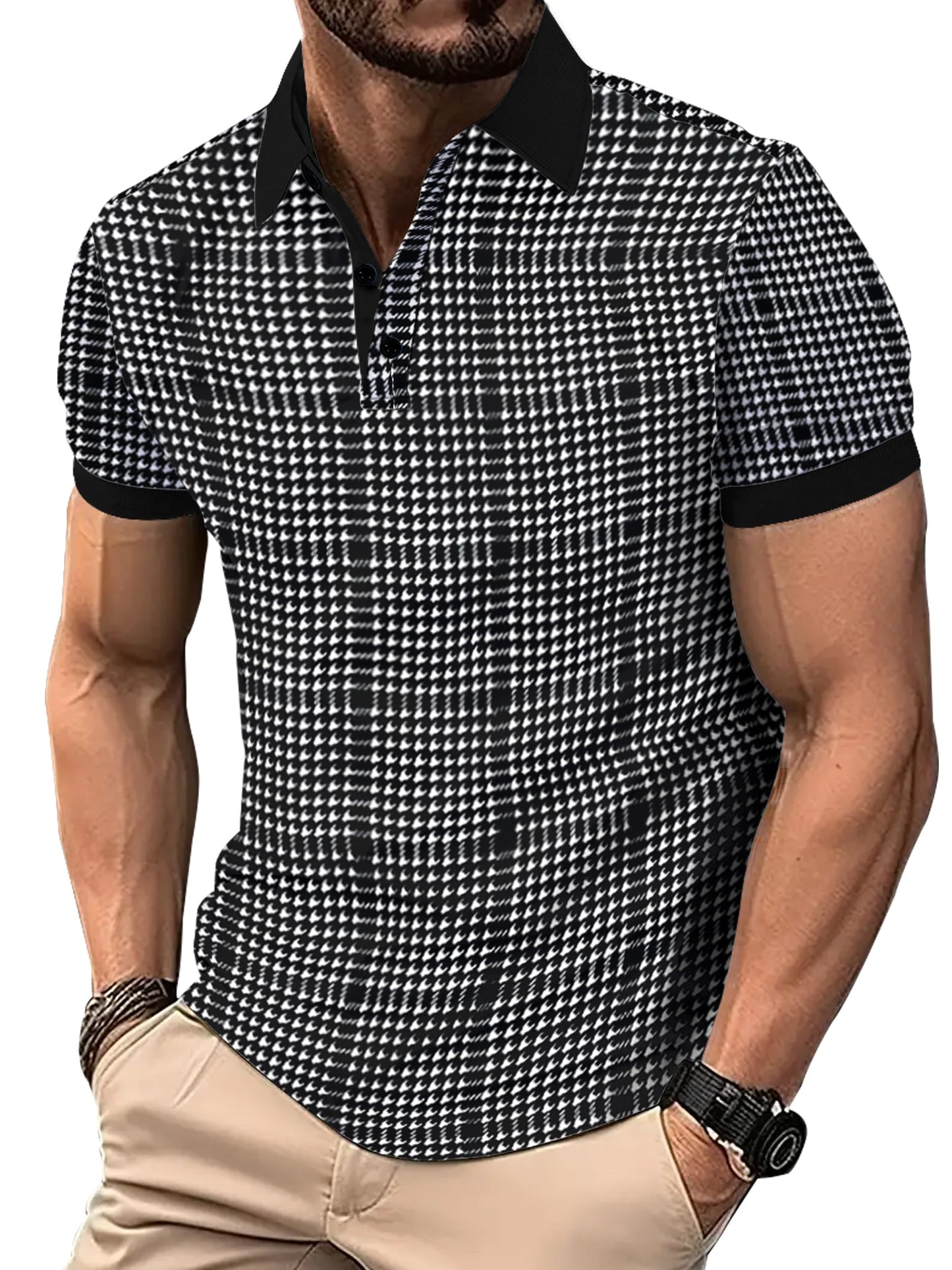 Noble Monk MenS Regular Fit Polo Neck T-Shirt|Half Sleeves|Gradient Houndstooth Pattern|Casual T-Shirt For Men