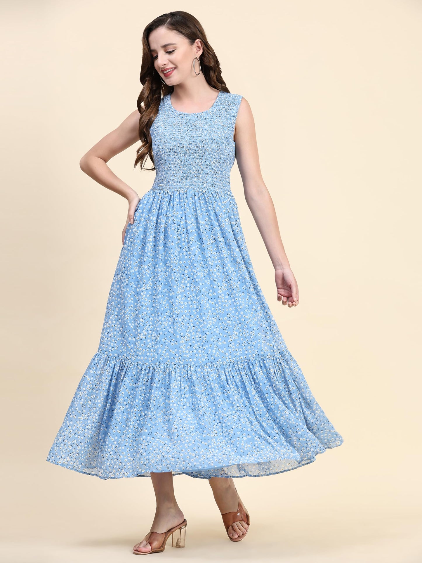 Toochki WomenS Sky Blue Georgette Floral Tiered Western Dress | Dress For Women | A Line Dress | Winter Dress | Western Dress |