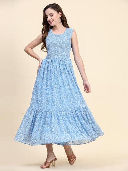 Toochki WomenS Sky Blue Georgette Floral Tiered Western Dress | Dress For Women | A Line Dress | Winter Dress | Western Dress |