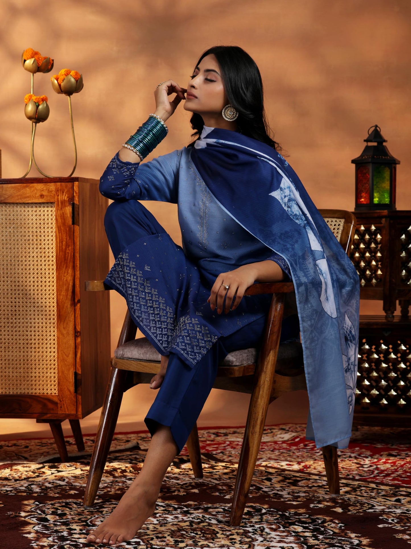 Libas Womens Embellished Muslin Straight Kurta With Trousers And Dupatta