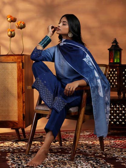 Libas Womens Embellished Muslin Straight Kurta With Trousers And Dupatta