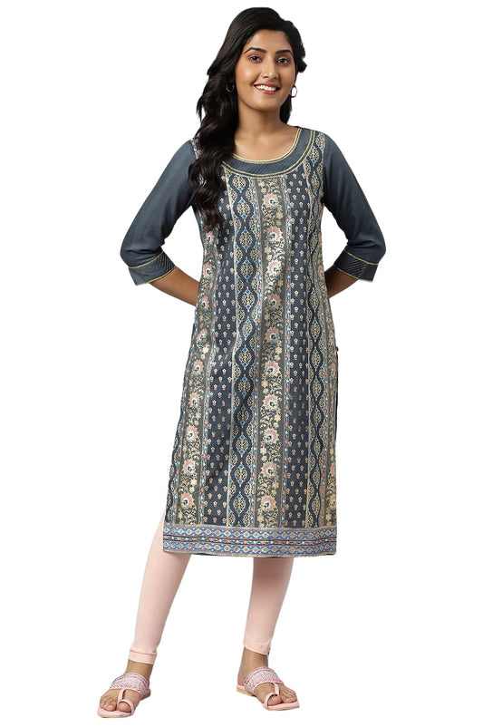Aurelia Women's Polyester Floral Print Viscose Blend Regular Kurta