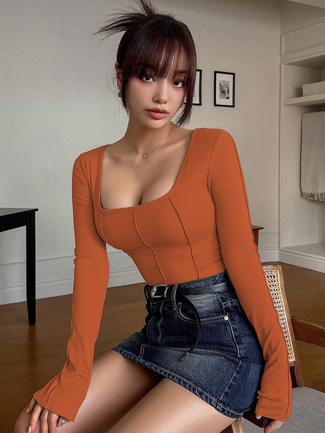 Sugathari Womens Orange Solid Long Sleeve Wrap-Style Square Split Crew Neck Bodycon Women T-Shirt Spring and Summer, Minimalist