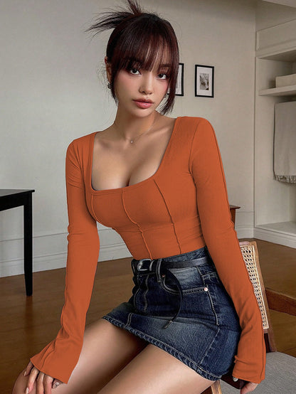 Sugathari Womens Orange Solid Long Sleeve Wrap-Style Square Split Crew Neck Bodycon Women T-Shirt Spring and Summer, Minimalist