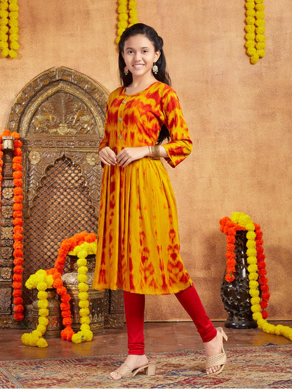 Aarika Girls Casual Wear Yellow Colour Tie Dye Print Rayon Kurti (9-16 Years)