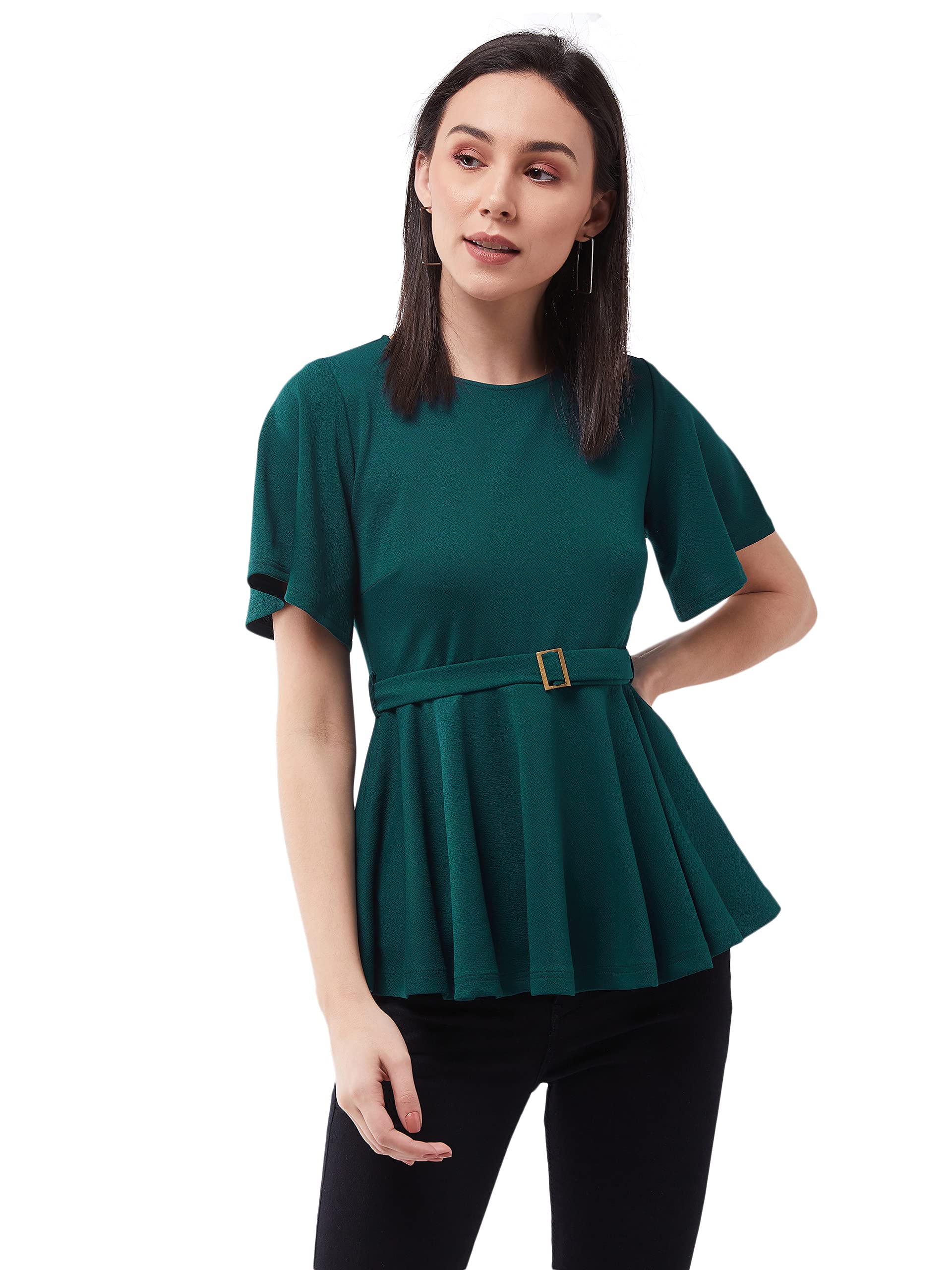 Miss Chase WomenS Green Solid Polyester Slim Fit Round Neck Short Sleeve Regular Length Top (Mcss21Tp12-82-42-06_Green_Xl)