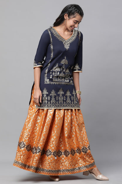 Aurelia Blue Festive Short Kurta, Orange Crinkle Skirt and Dupatta