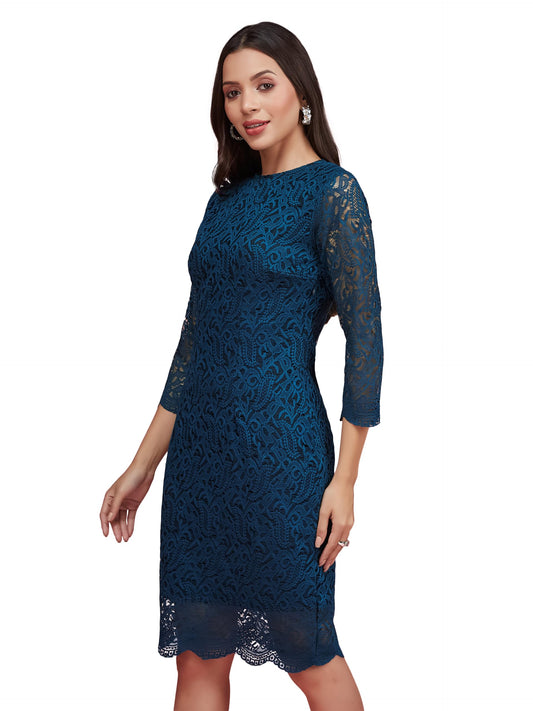 Miss Chase Womens Round Neck Floral Lace Overlaid Knee-Long Bodycon Dress (MCAW24D97-91-83-05, Teal, L)