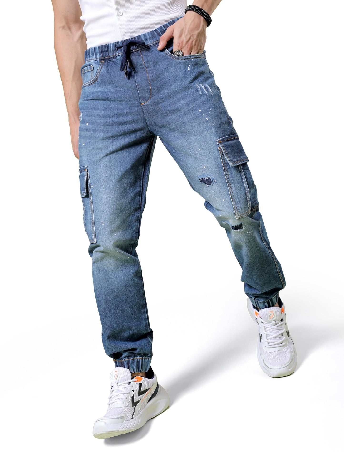 The Indian Garage Co Men Regular Fit Solid Mid-Rise Stretchable Denim Cargo Joggers