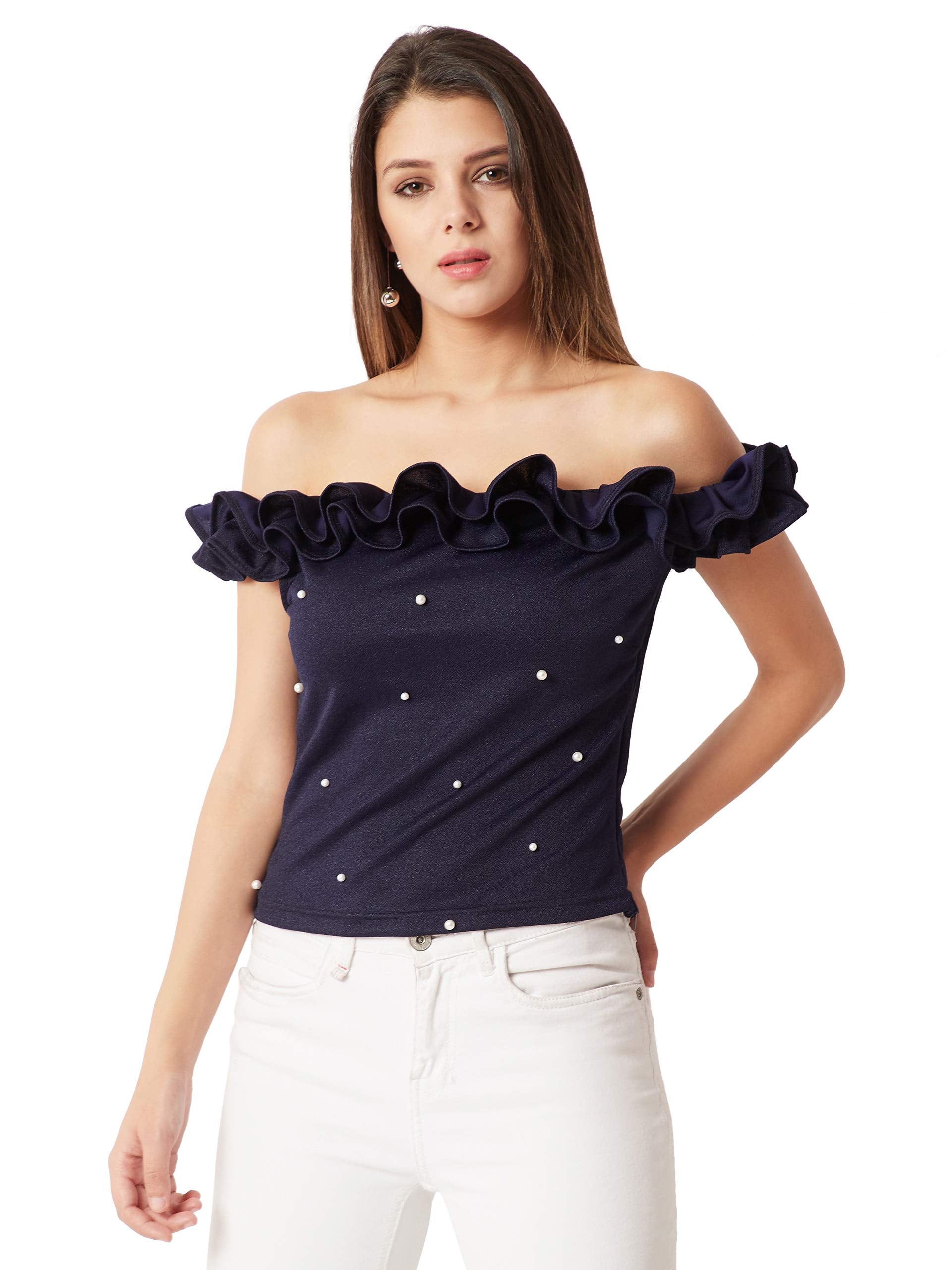 Miss Chase WomenS Navy Blue Off-Shoulder Pearl Ruffled Top(Mcaw18Tp09-43-71-06,Blue,X-Large)