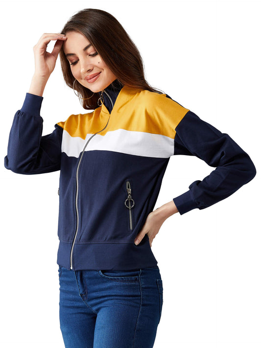 Dolce Crudo WomenS Multicoloured 100% Cotton Turtle Neck Color Blocked Jacket(Doaw19Jkt02-78-178-06,Multicoloured Base Navy Blue