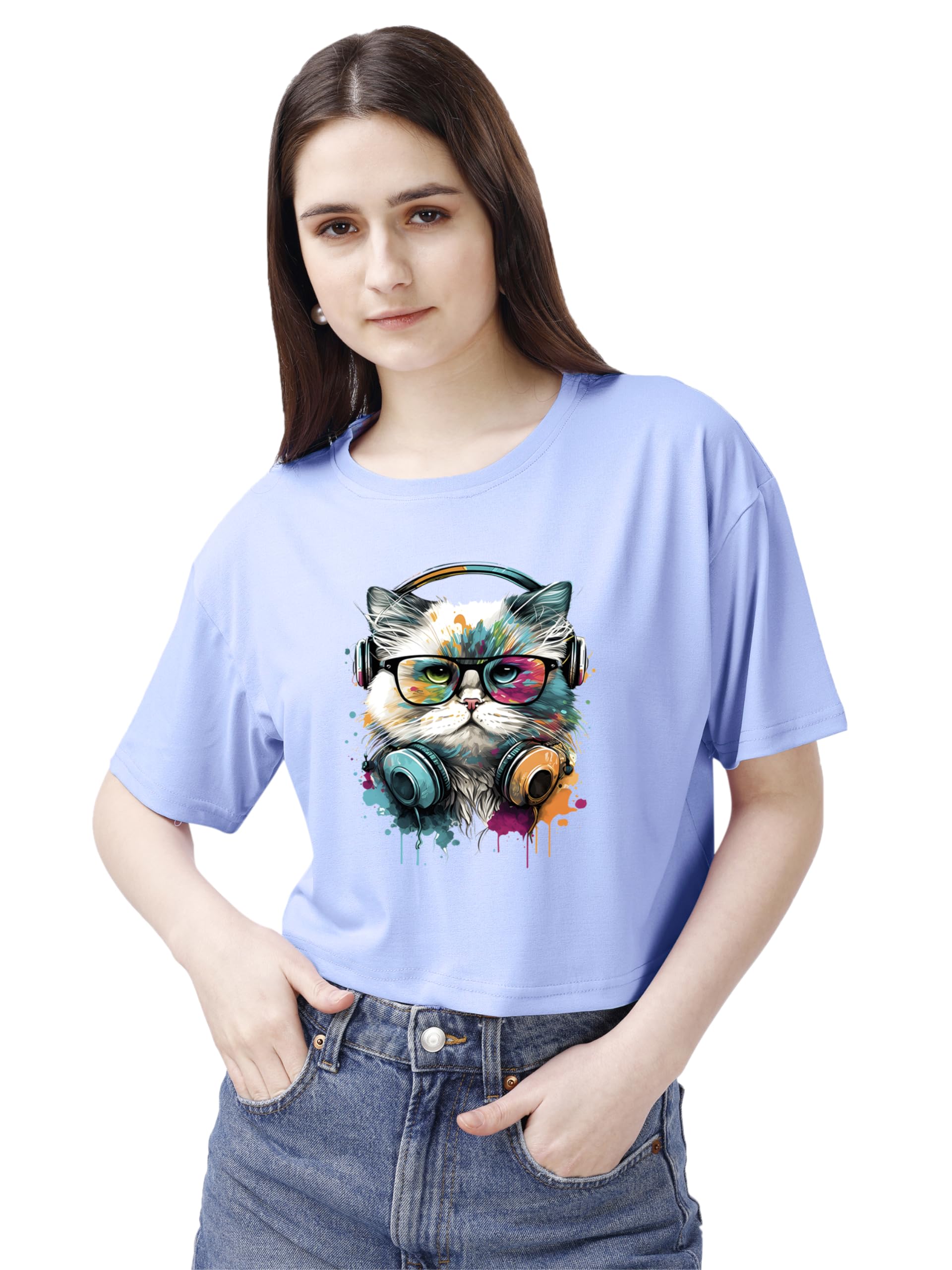 ELLITI Soft Rich Cotton Casual Cat Face Printed Sky Colour Half Sleeve | Round Neck | Oversized/Loose Fit | Down Solder | Rainbo