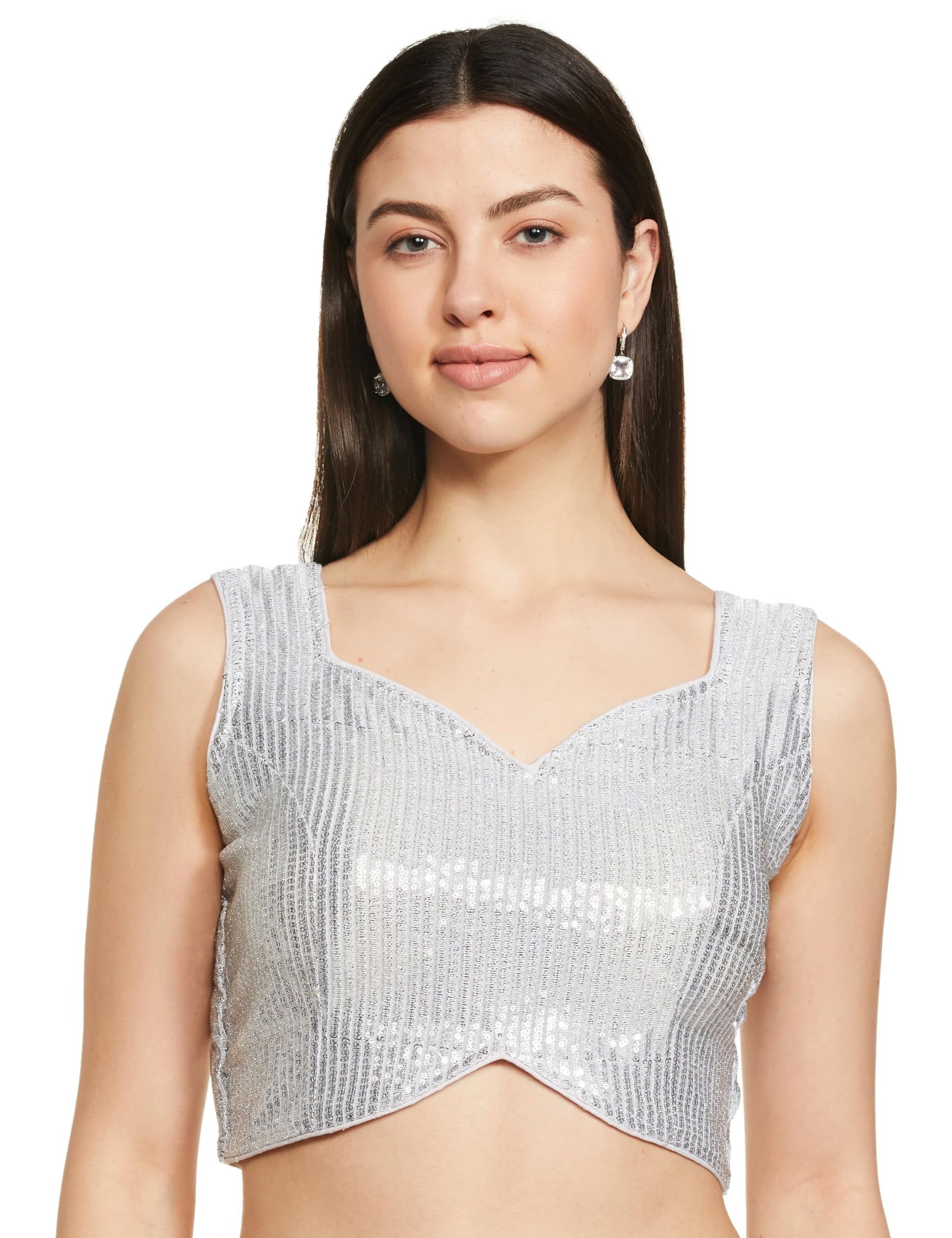 Vihu Fashion Womens Multicolor Sweetheart Neck Georgette Line Soft Sequence Zari Work Sleeves Readymade Saree Blouse (Silver, 3