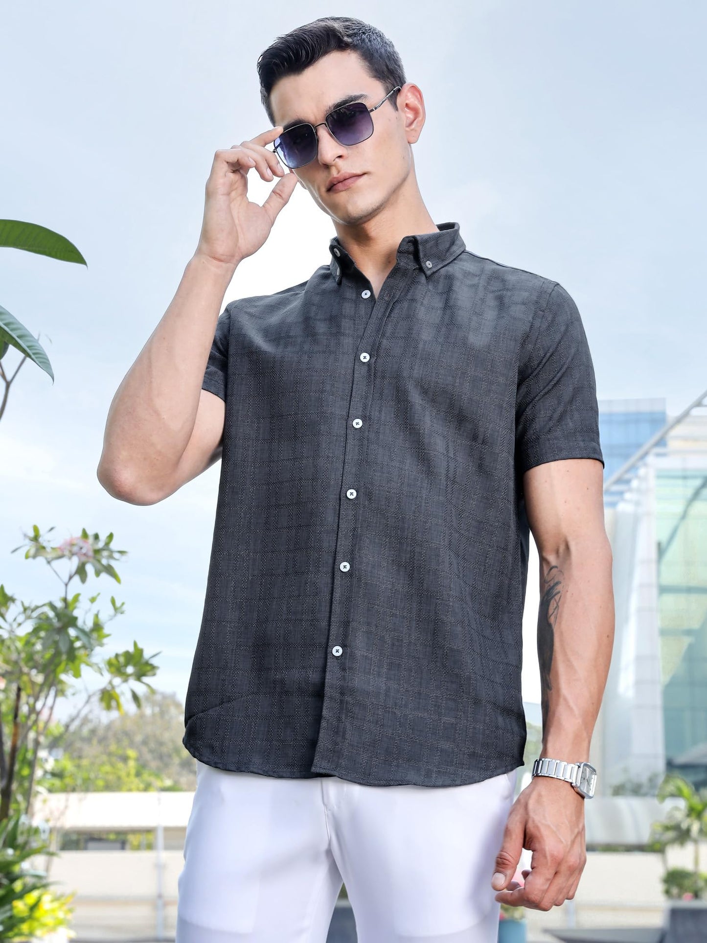 Thomas Scott Mens | Self Designed | Short Sleeves | Solid | Button Down Collar | Slim Fit | Polyster Blend | Shirt | (TS1717_Dk
