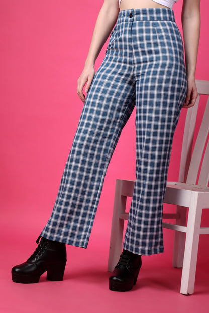 POPWINGS Casual Check Print Button and Zip Closure Trouser for Women | Western Wide-Leg Trouser for Women | Summer Trousers for
