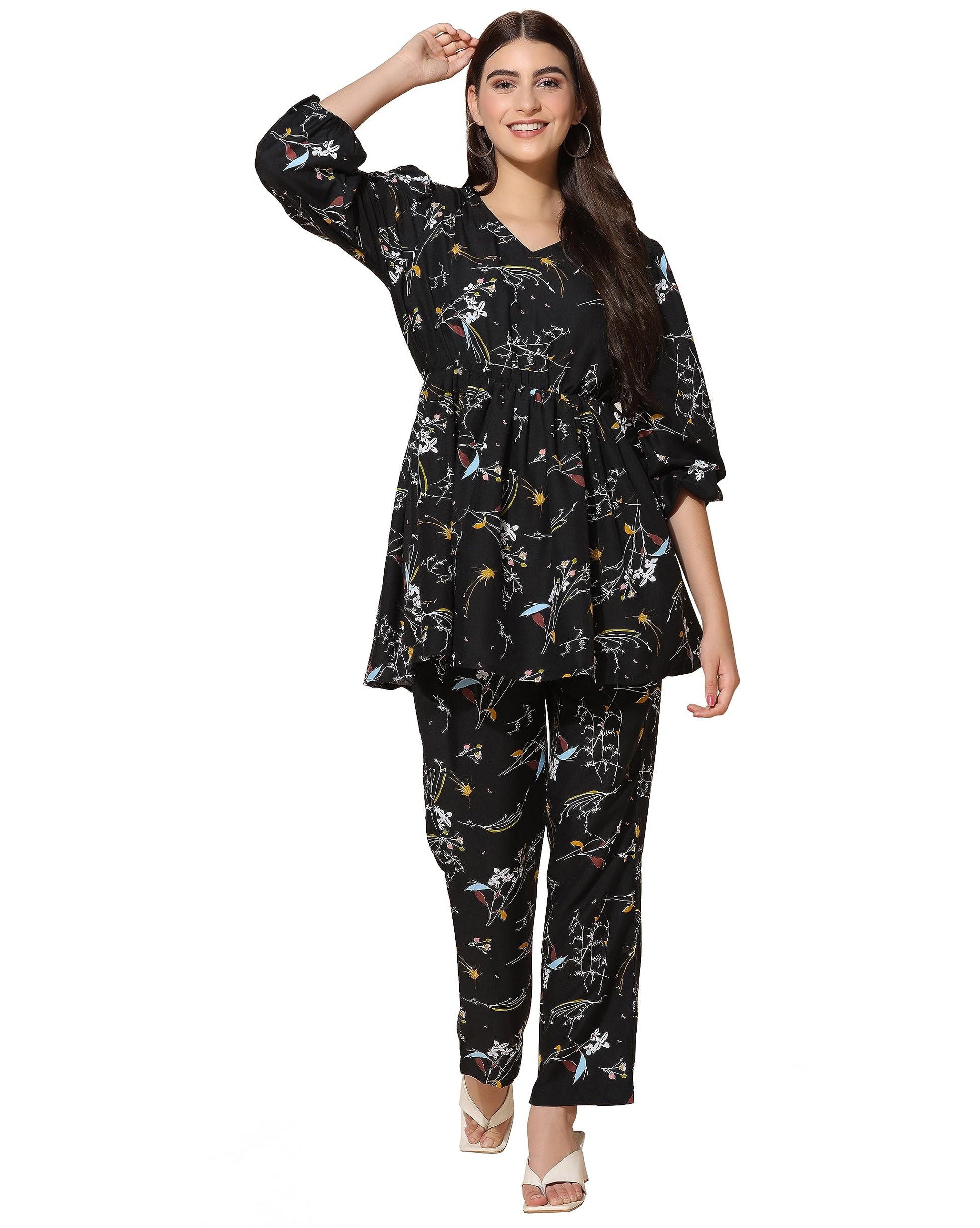 Toplot Co Ord Kurta Set For Women Printed Kurta With Pant (Tunic-Pant-5140-Black-L)