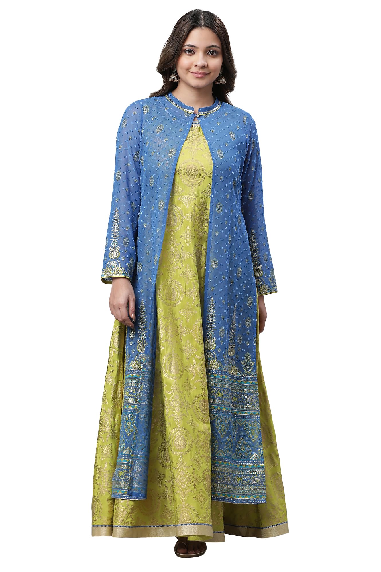 Green Embellished Long Kurta & Blue Gilet Set_23Auas14693-507728