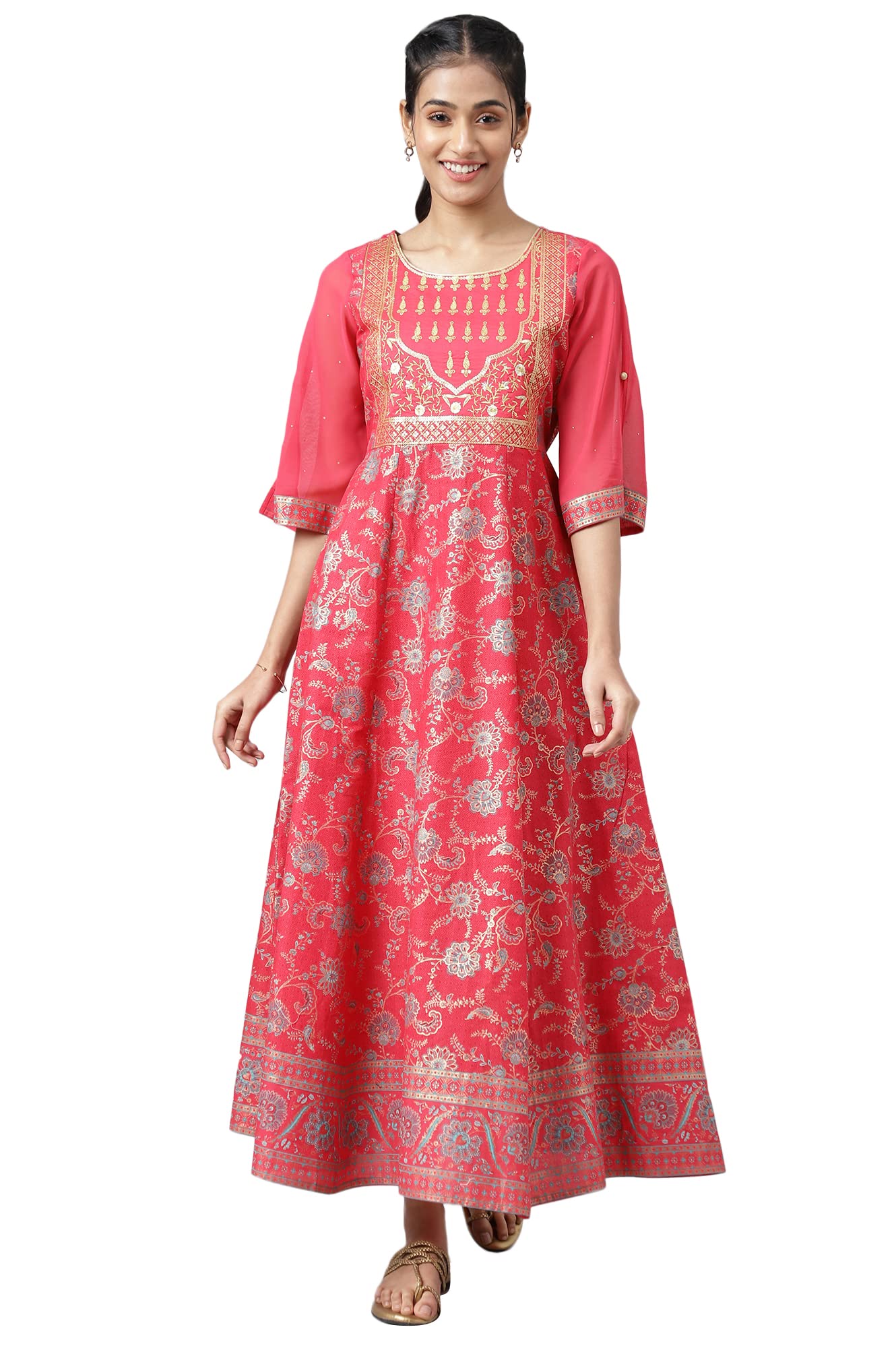 Aurelia Floral Cotton Round Neck Womens Ethnic Dress (Small,Pink)
