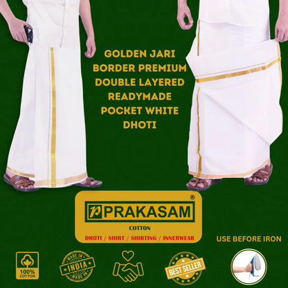 Prakasam Cotton MenS Fine Quality Welcro Pocket Jari Cotton Double Dhoti (38)