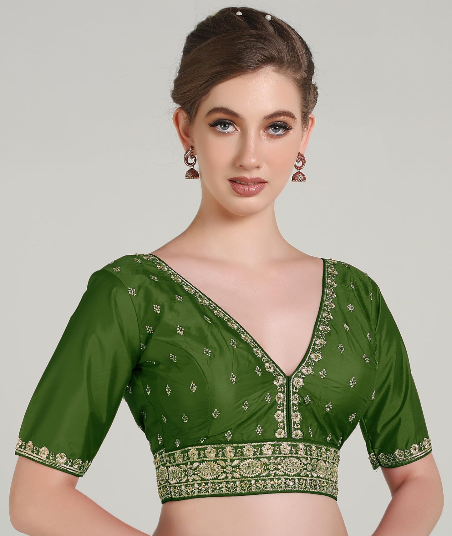 Pujia Mills Woman Readymade Ethnic Wear Deep V Neck Classic Butti Design Half Sleeve Mehendi Green Online Embroidery Zari Work B