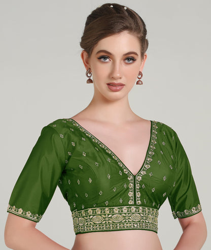 Pujia Mills Woman Readymade Ethnic Wear Deep V Neck Classic Butti Design Half Sleeve Mehendi Green Online Embroidery Zari Work B
