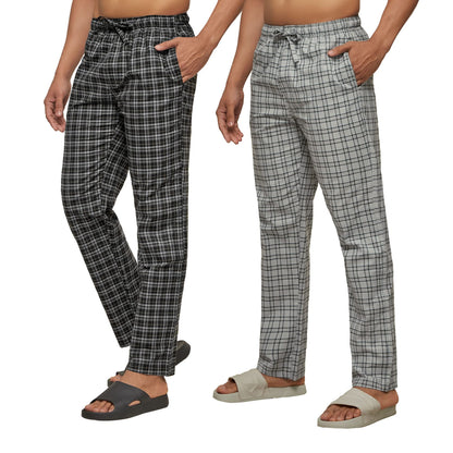 XYXX Mens Super Combed Cotton Checkered Checkmate Pyjamas [Pack of 2] Elasticated Waist, Drawstring | Loungewear for Men in Bla