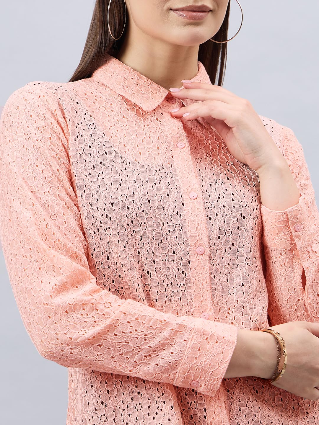 Style Quotient Women Self Design Nude Lace Regular Shirt