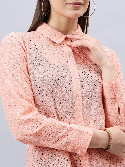 Style Quotient Women Self Design Nude Lace Regular Shirt