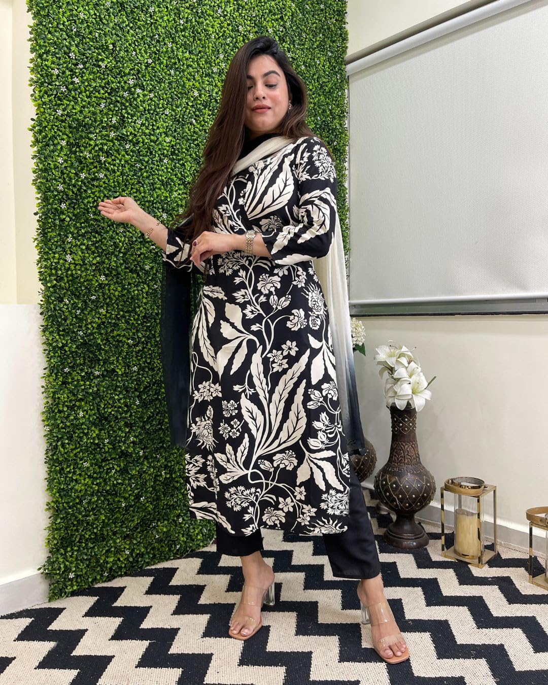 Gosriki WomenS Cotton Blend Printed Straight Kurta With Pant & Dupatta (Jasper Black-Gs_L_Black_Large)