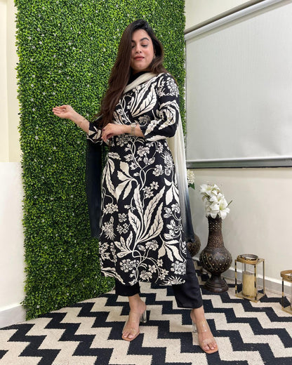 Gosriki WomenS Cotton Blend Printed Straight Kurta With Pant & Dupatta (Jasper Black-Gs_L_Black_Large)