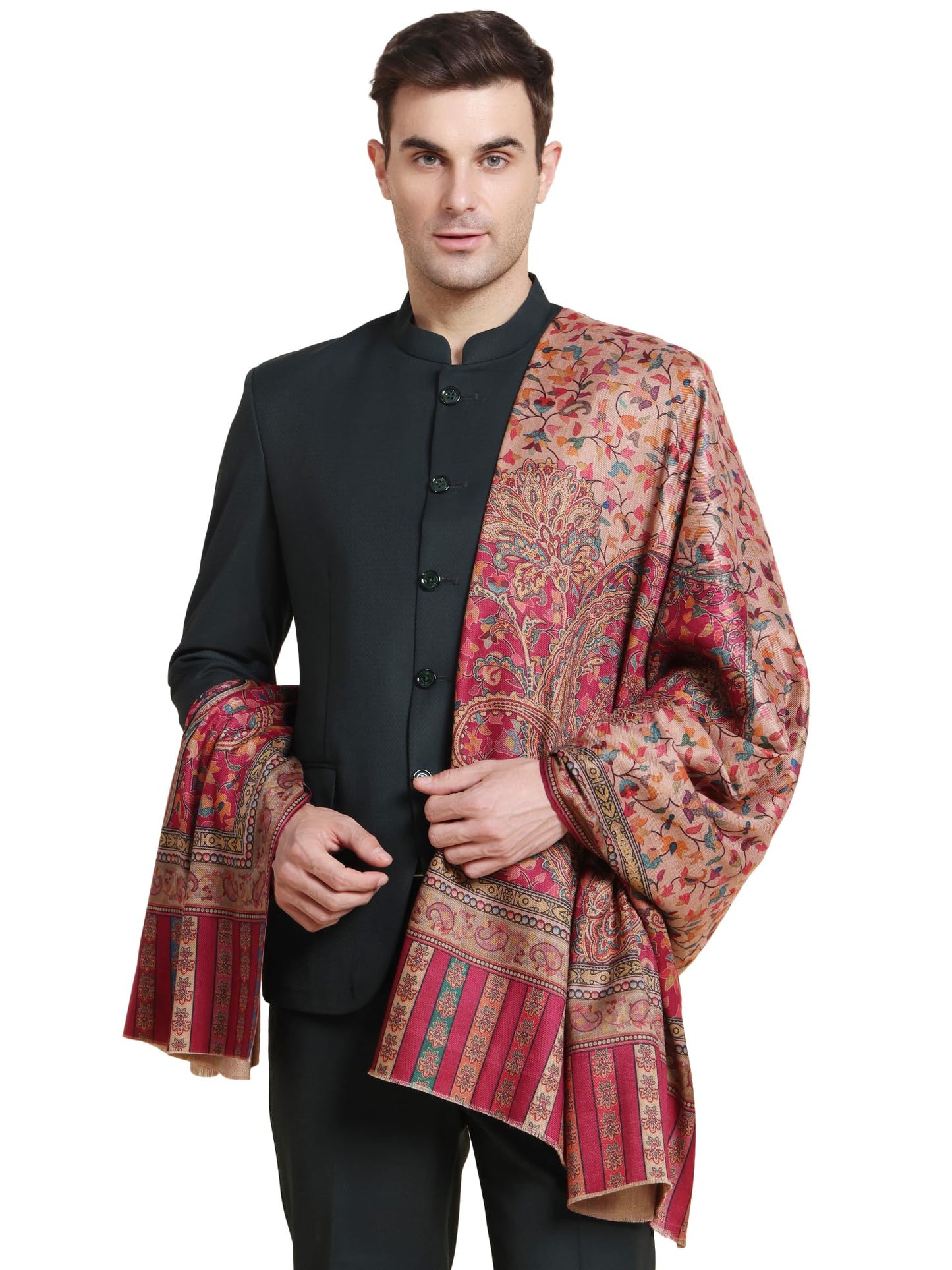 Weavers Villa Mens Acro Wool Blend Printed Shawl - Handloom Paisley Design - Stoles for Men - Gents Shawls - Soft & Warm Wrap -