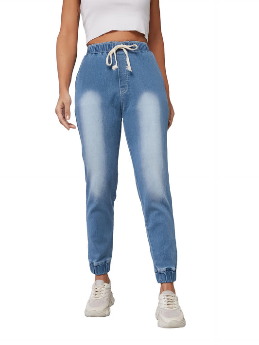 Dolce Crudo Womens Solid Mid Rise Clean Look Regular Length Ice Wash Stretchable Denim Jogger Pants (DOSS24DEN98-91-158-34, Lig