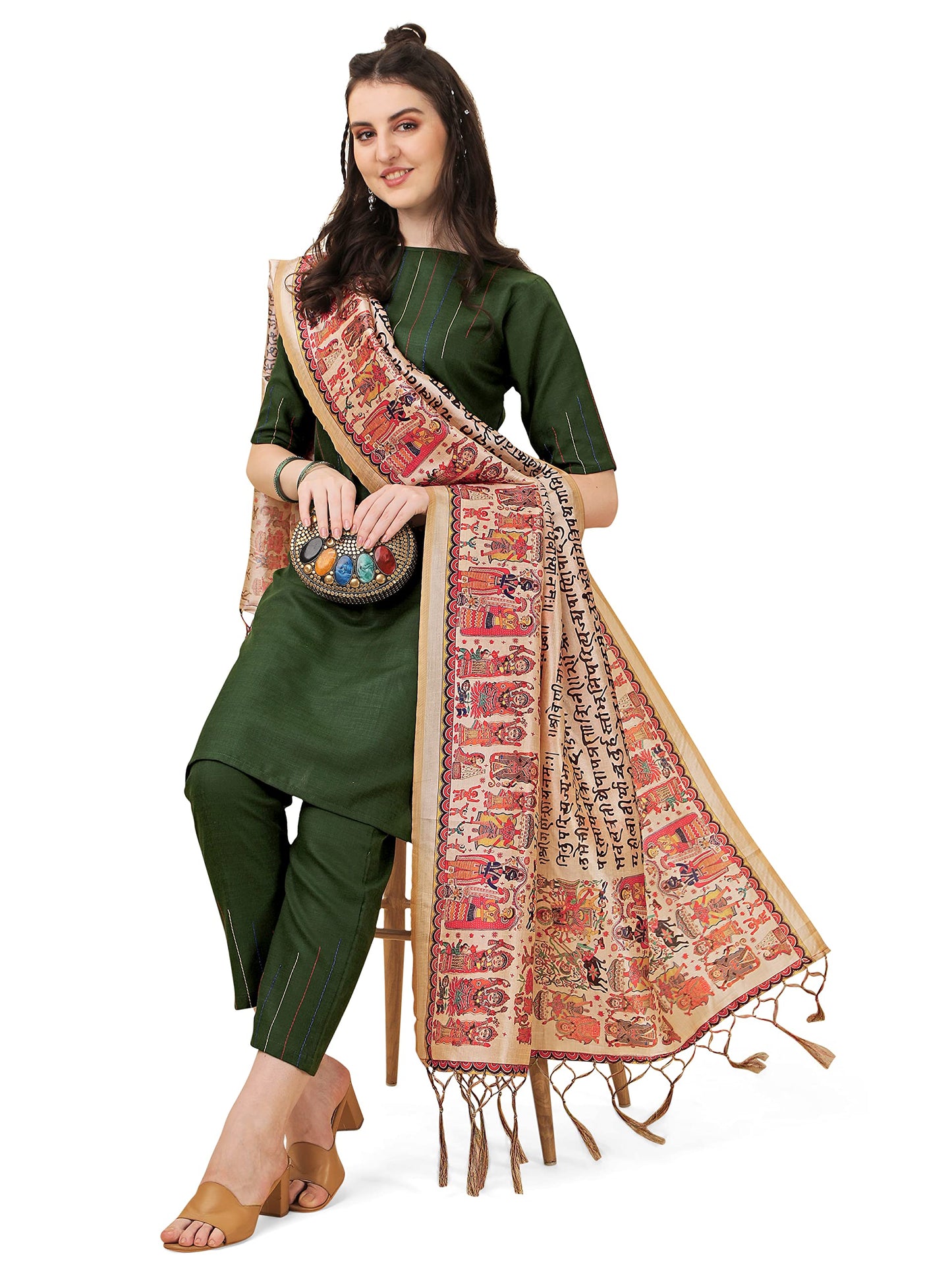 Ethnicjunction WomenS Solid & Shtriped Work Cotton Kurta Pant With Dupatta Set (B31-Bharat-Bottle Green_2Xl_Y_Bottle Green)