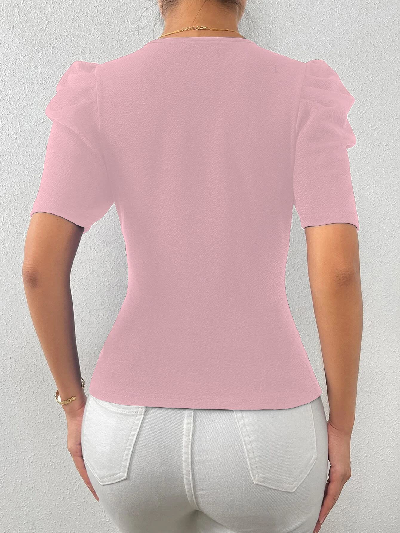 Shasmi Womens & Girls Peach Short Puff Sleeve, V-Neck, Ruched Bust Solid Tops for Women/Tops, T-Shirts for Girls (TOP 61 Peach