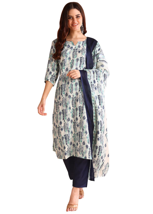 Memore WomenS Poly Rayon Floral Printed Kurta Pant Dupatta Set With V Neck 3/4 Sleeves Straight Calf Length And Soild Bottom El
