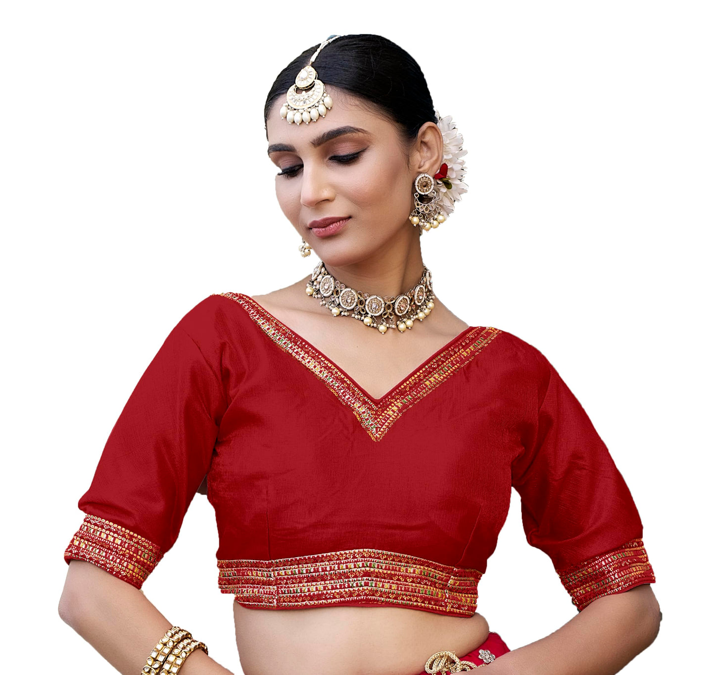 Pujia Mills WomenS Milan Silk Readymade Wine Blouse Half Sleeves Embroidery Aari Work Saree Choli