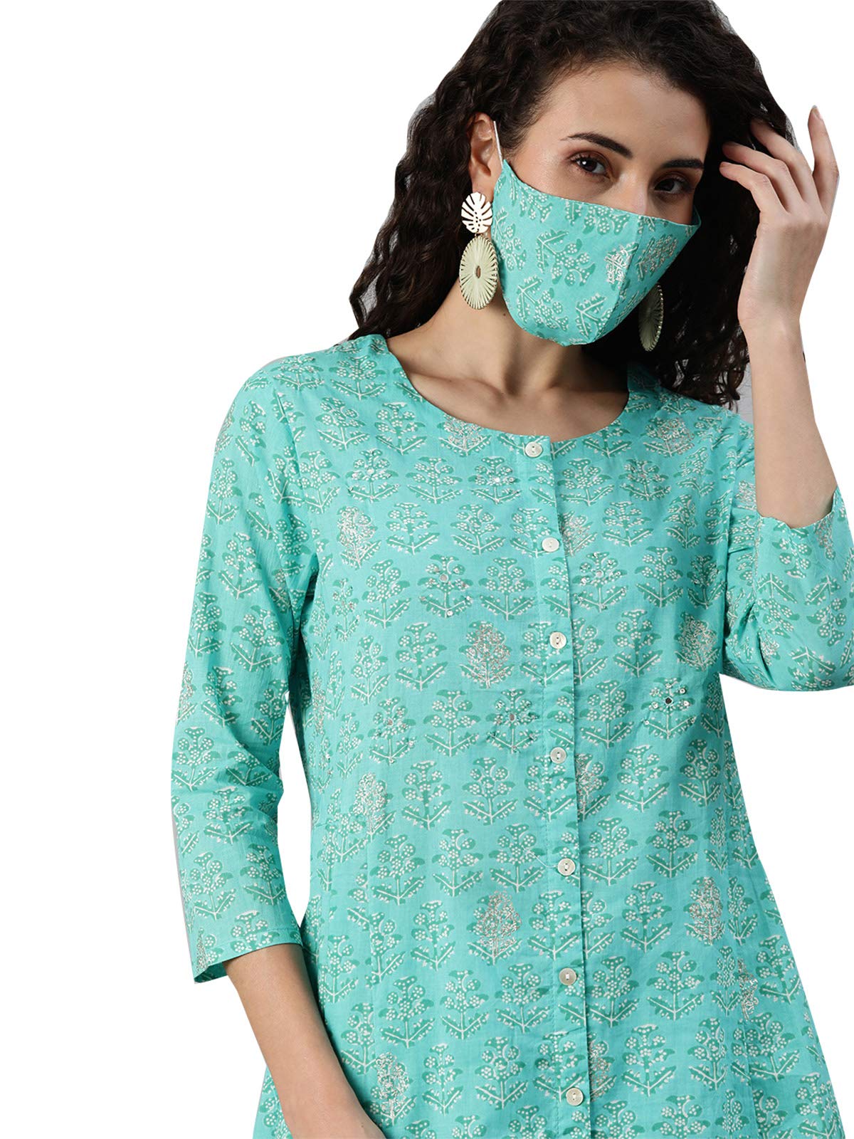 Ishin WomenS Cotton Blue Printed A-Line Kurta Trouser Set