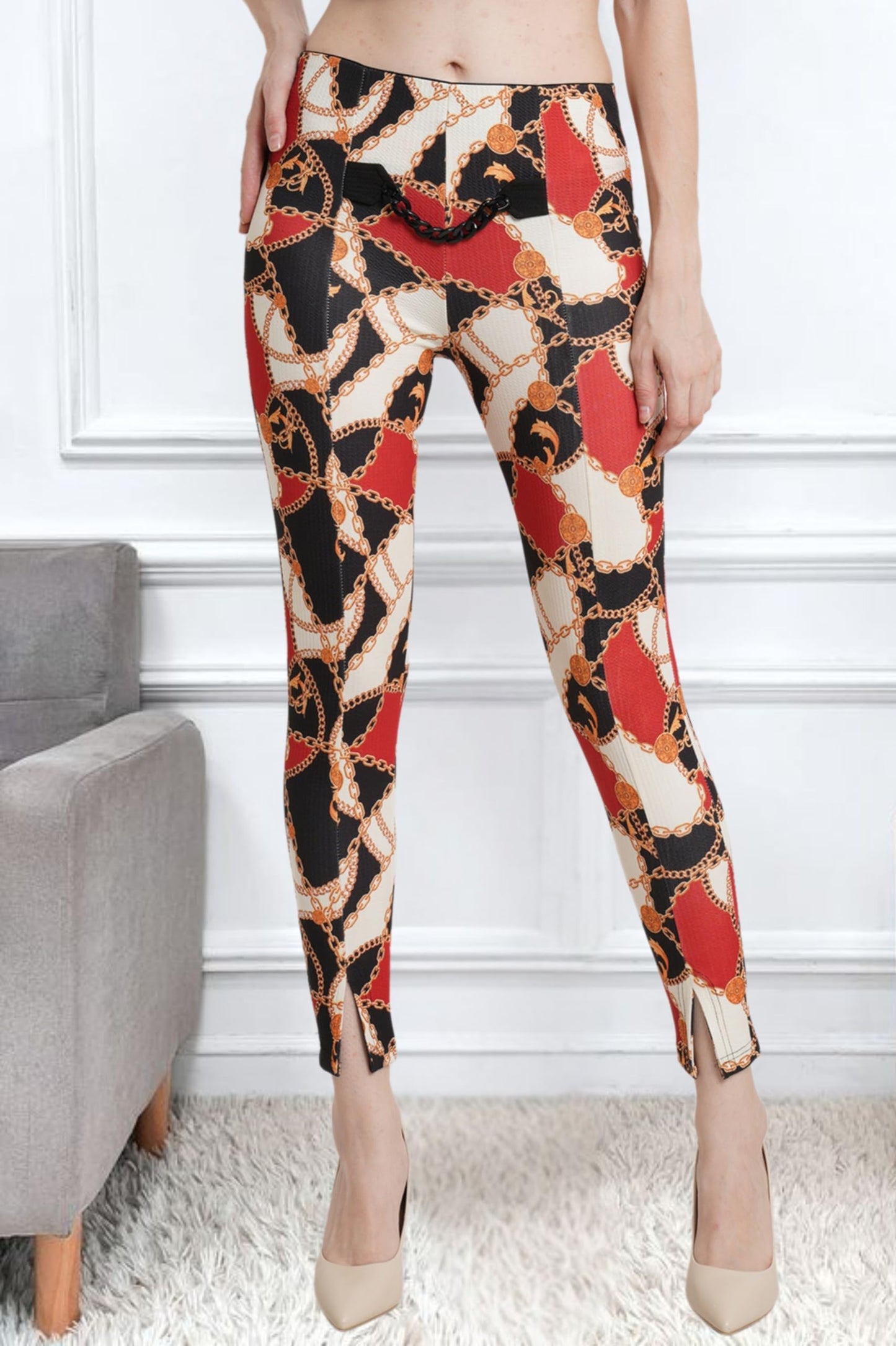 POPWINGS Women Multi Color Chain Printed Solid Mid Rise Body Fitted Jeggings