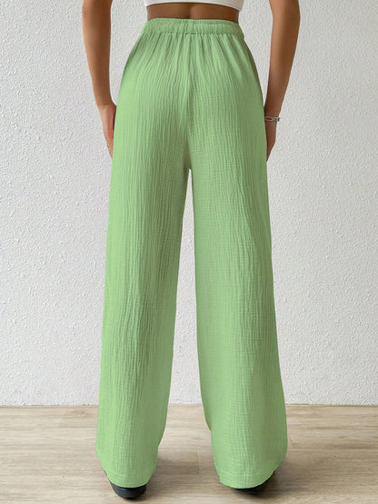 Shasmi Womens Pista Green Loose Wide-Leg Pants with Textured Wrinkled Fabric and Drawstring Waist Long Trousers (Pant 157 Pista