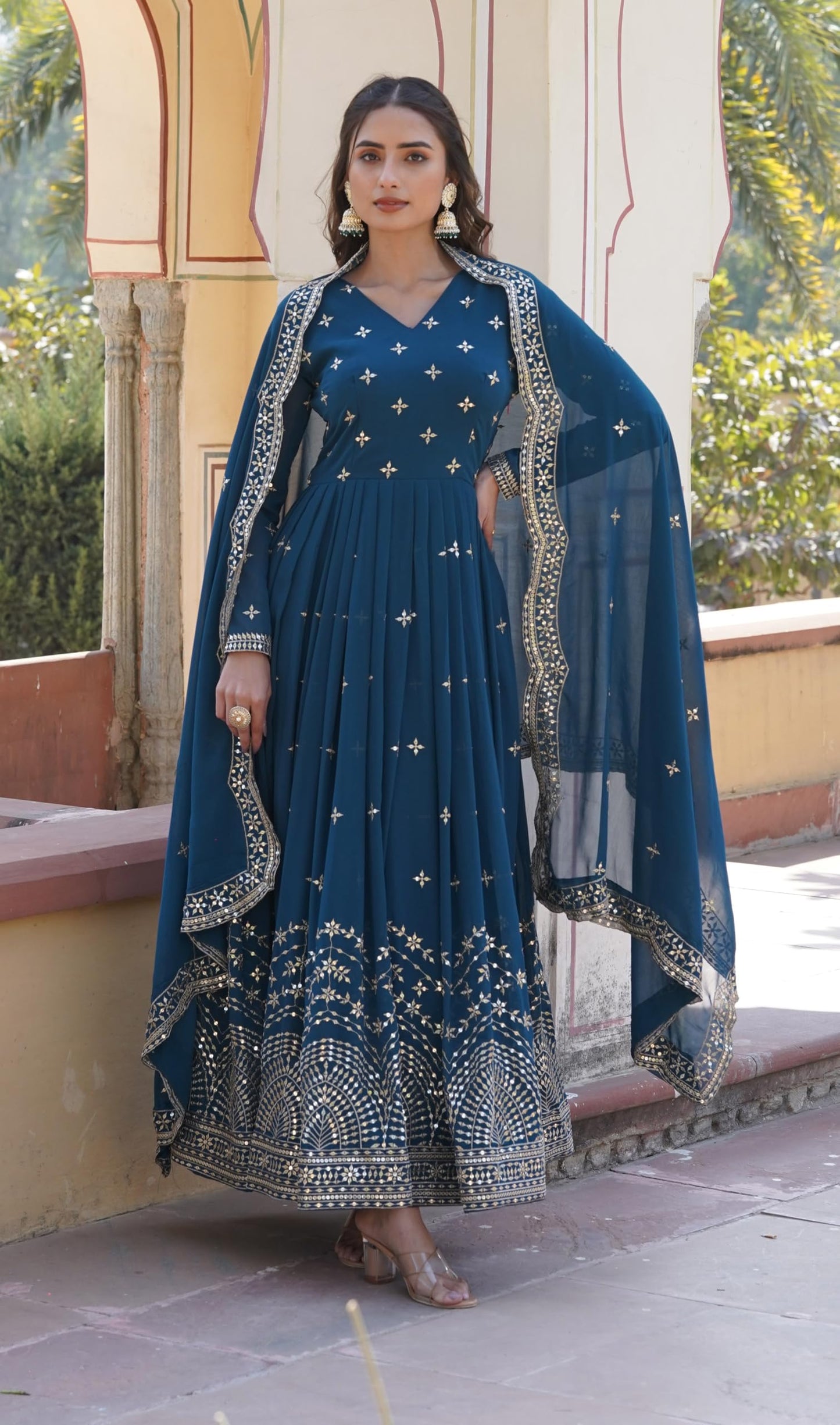 Fashion Basket Turquoise Georgette With Sequins Embroidery Anarkali Kurta Set For Women