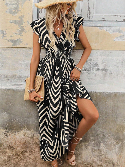 Shasmi WomenS & GirlS Black V-Neck Striped Printed Dress With Ruffled Hem And Belted Waist For Vacation, One Piece Dress For W