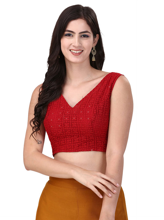 OOMPH! Womens Indian Ethnic Wear Designer Square Leaf Pattern V Neck Sleeveless Cotton Red Blouse for Saree or Lehnga and Blous