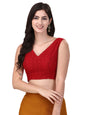 OOMPH! Womens Indian Ethnic Wear Designer Square Leaf Pattern V Neck Sleeveless Cotton Red Blouse for Saree or Lehnga and Blous